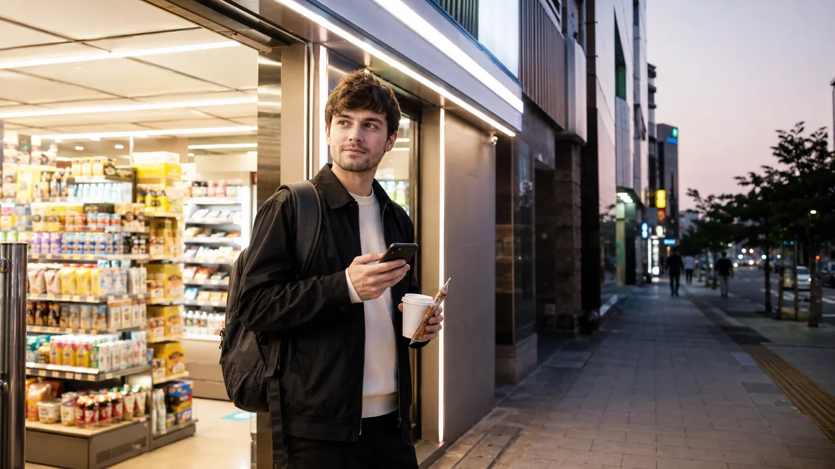 Traveler using a phone outside a Korean convenience store in the evening