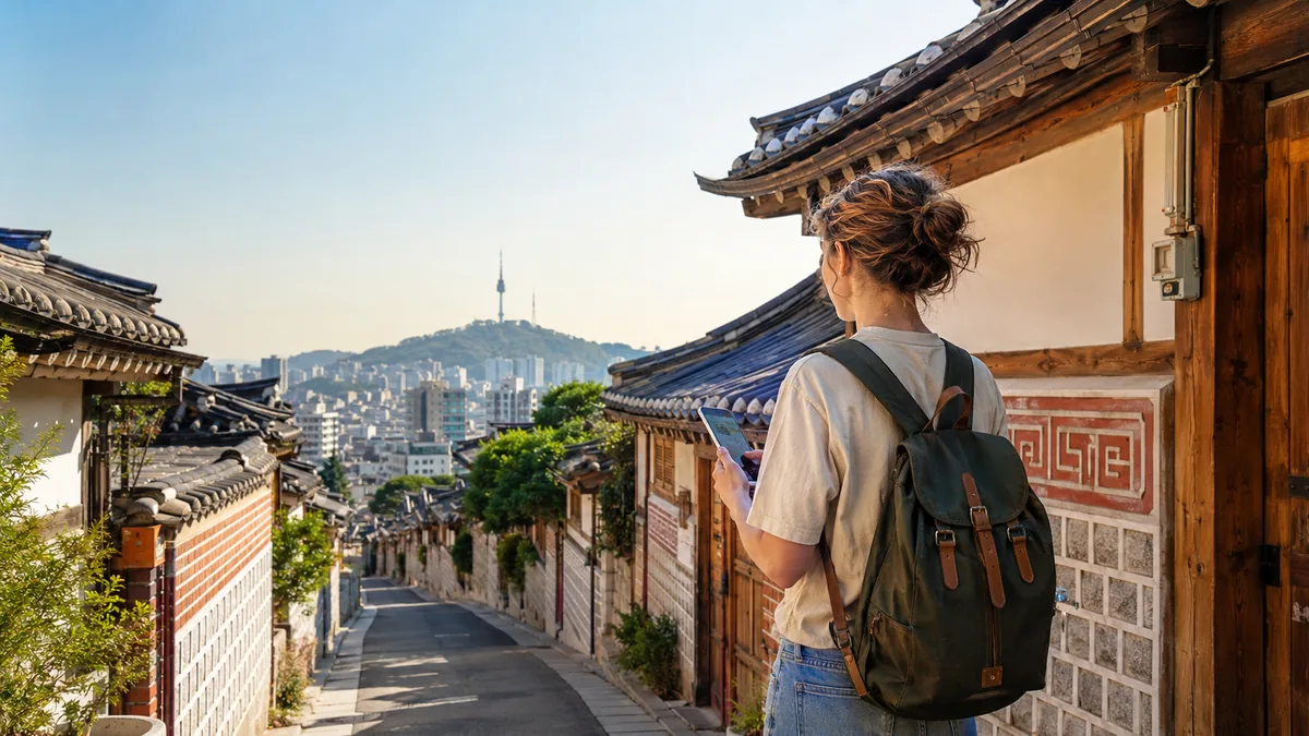 Traveler checking a phone in a traditional Korean neighborhood overlooking Seoul