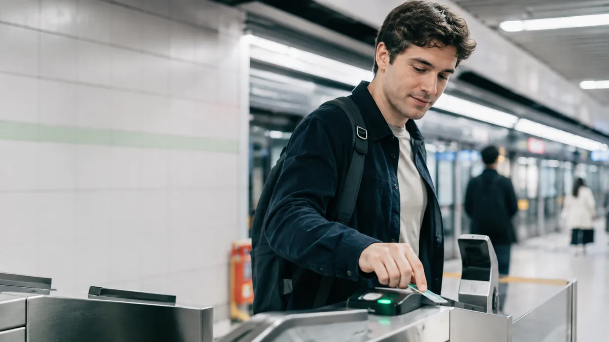 International traveler tapping a transit card at a subway gate in Korea