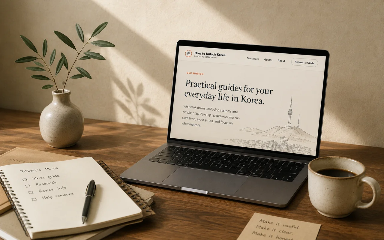 A calm editorial workspace with a laptop, notebook, plant, and coffee